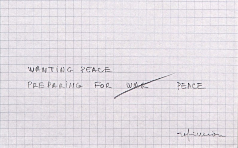 Robert Filliou, Wanting Peace Preparing for Peace, 1985, Bleistift auf kariertem Papier, 19 x 14,5 cm, Edition, 50 Ex., signiert und nummeriert, Courtesy Edition Block