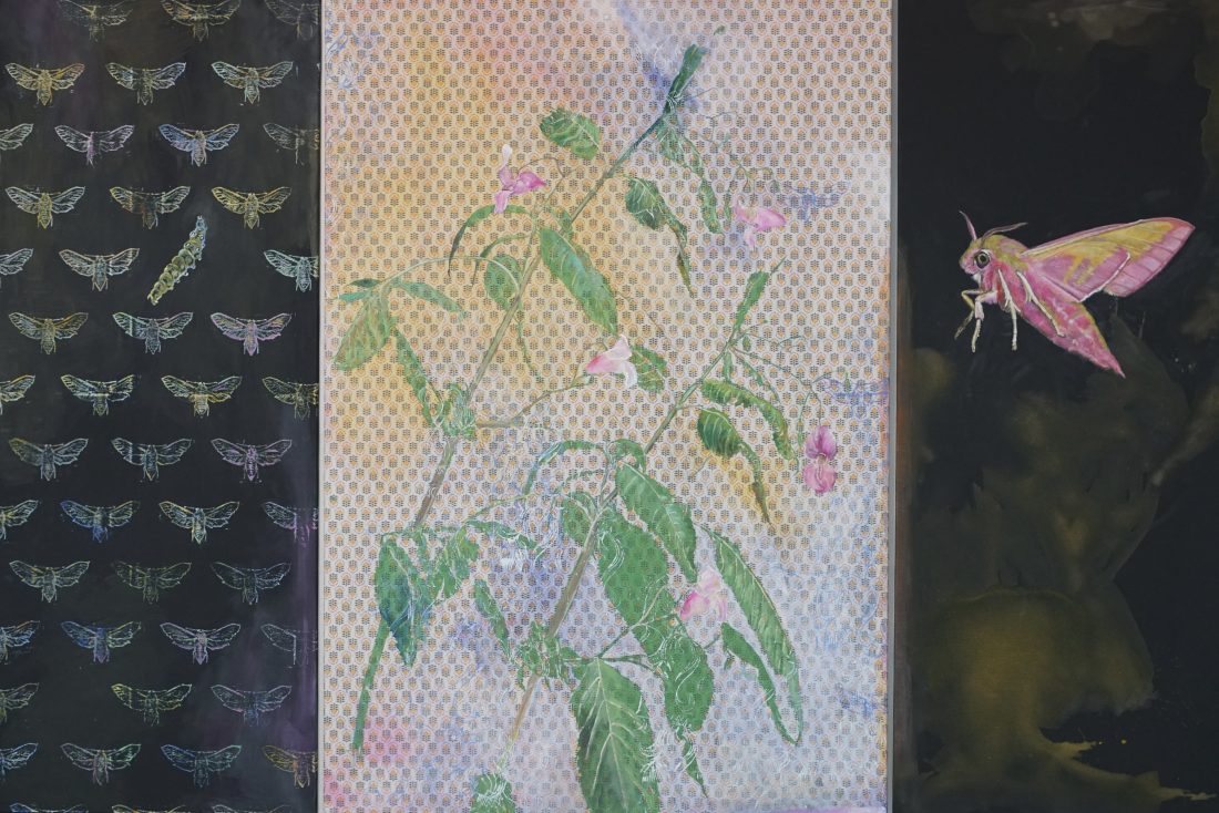 Rolf Naedler, Weggefährten, Deilephila elpenor und Impatiens glandulifera, 3 heilig, 155 x 246 cm, Musterstoff, Eitempera und Öl auf Leinwand,  2025, © VG Bild-Kunst, Bonn 2025